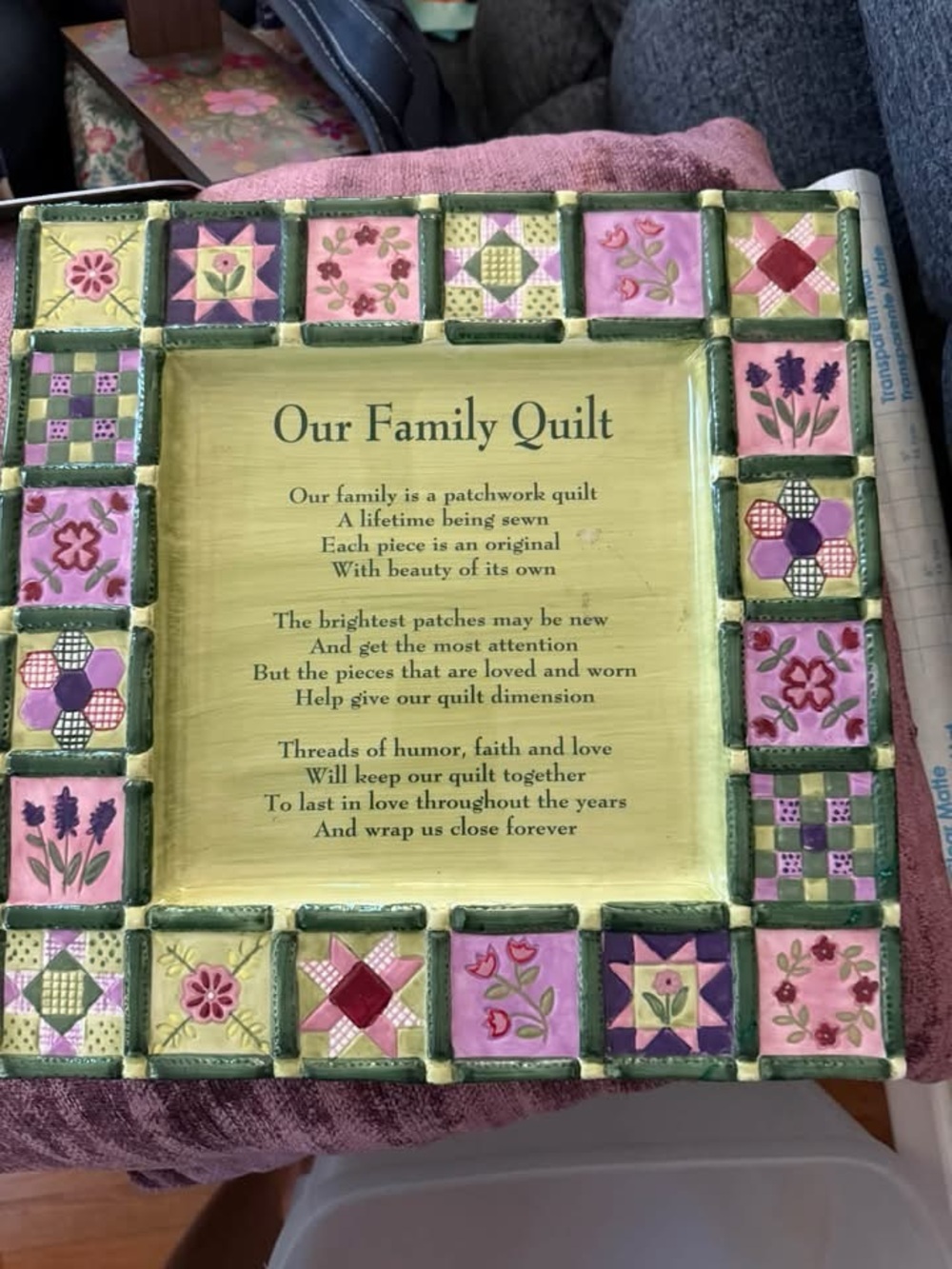 Ceramic 11”x11” “Our Family Quilt”Decorative Wall Plaque
